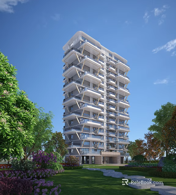 Modern High Rise Residential Building with Geometric Balconies Surrounded by Green Trees and Plants 3d model 