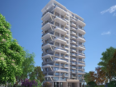 Modern High Rise Residential Building with Geometric Balconies Surrounded by Green Trees and Plants 3d model