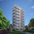 Modern High Rise Residential Building with Geometric Balconies Surrounded by Green Trees and Plants
