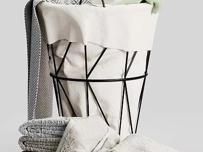 Laundry Essentials With Black Geometric Metal Basket White And Stacked Gray Soft Towels 3d model