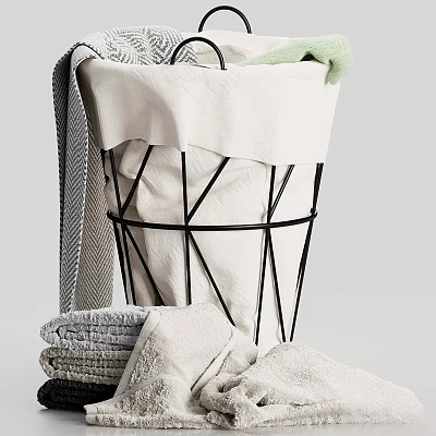 Laundry Essentials With Black Geometric Metal Basket White And Stacked Gray Soft Towels 3d model