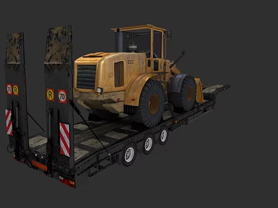 Yellow Heavy Duty Loader Functional Vehicle Loaded on Flatbed Trailer for Transportation 3d model