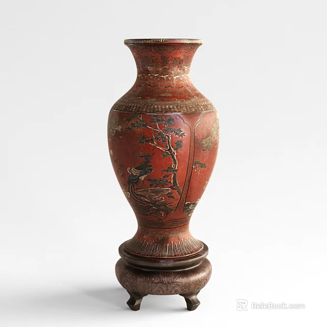 Red Ceramic Vase With Traditional Painted Figures And Trees On Decorative Base 3d model 