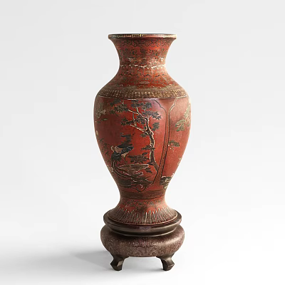 Red Ceramic Vase With Traditional Painted Figures And Trees On Decorative Base 3d model
