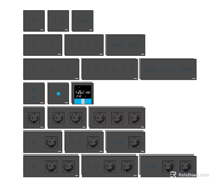 Modern Black Switch Panels With Various Sockets And Control Button Designs 3d model