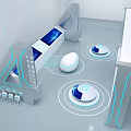 Modern Exhibition Booth With Geometric Structure Blue Lighting And Circular Display Tables