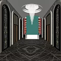 Luxurious Hotel Lobby Featuring Chandelier Green Backdrop Wall Red Bookshelves Symmetrical Doors And Marble Floor