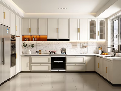 Modern Kitchen Interior With White Cabinets Golden Handles And Stainless Steel Appliances 3d model