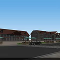 Commercial Street With Brown Roof Buildings Parking Lot Car Green Plants And Outdoor Umbrellas