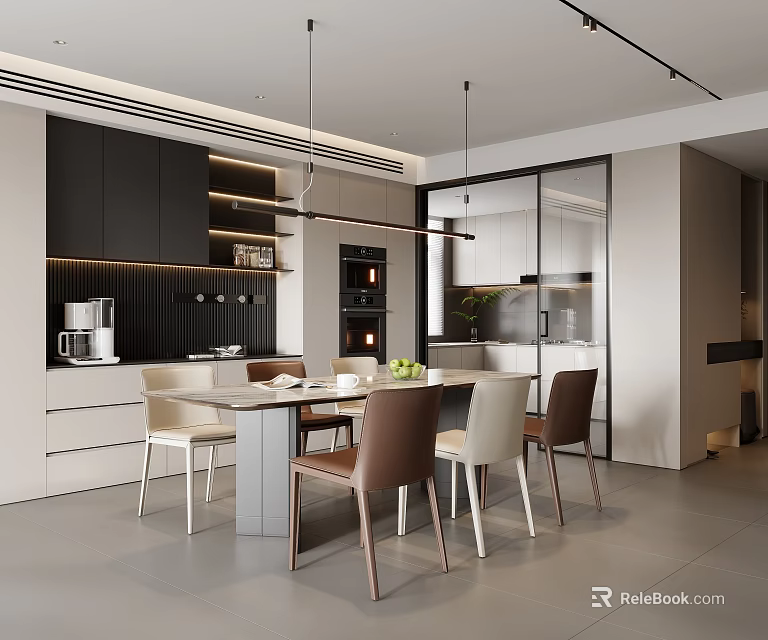 Modern Restaurant Interior With Open Layout Dining Table Chairs And Pendant Lights 3d model 