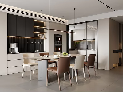 Modern Restaurant Interior With Open Layout Dining Table Chairs And Pendant Lights 3d model