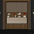 Modern Elegant Wooden Decorative Cabinet with Gold Trim Lighting Books Ornaments and Side Wall Lamps