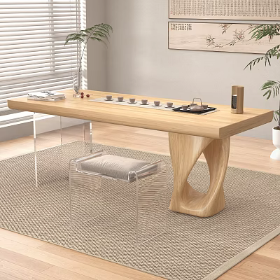 Modern Minimalist Wooden Tea Table with Transparent Acrylic Chairs and Tea Cups Teapot 3d model