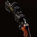 Tactical Revolver With Orange Textured Grip Black Body Red Dot Scope And Yellow Label