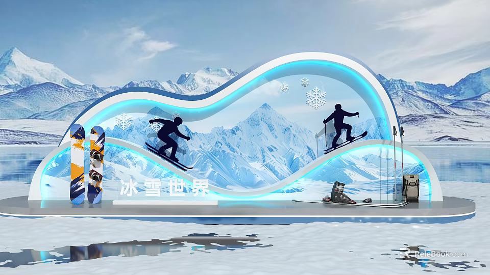 Snowy Theme Photo Spot With Wavy Arch Skiers Silhouettes And Mountain Backdrop 3d model 