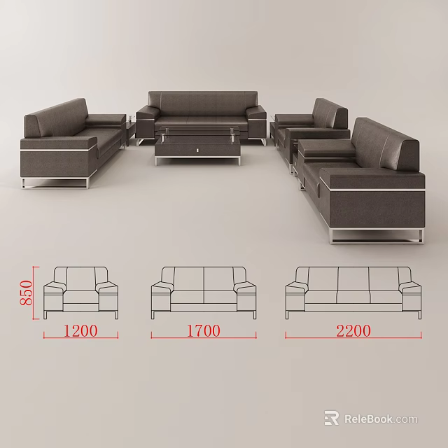 Modern Sofa and Coffee Table Set Featuring Three Two Single Seater Sofas and Dimensions 3d model