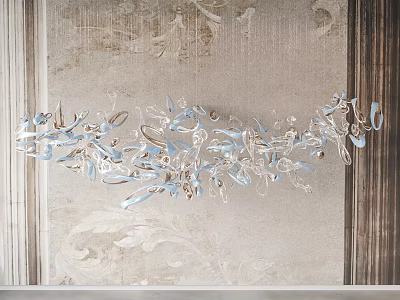 Artistic Flowing Chandelier With Blue Transparent Glass And Metal Curved Structure For Modern Interior Design 3d model