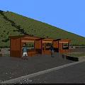 Garden Decorative Wooden Pavilions with Benches Green Hillside and Stone Paved Ground