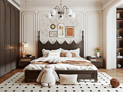 Modern Elegant Bedroom Interior With White Walls Dark Headboard Decorative Paintings Chandelier Nightstands And Rug 3d model
