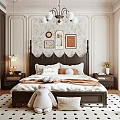 Modern Elegant Bedroom Interior With White Walls Dark Headboard Decorative Paintings Chandelier Nightstands And Rug