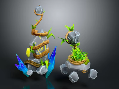 Wooden And Stone Decorative Sculptures With Vines Green Plants And Blue Crystals 3d model
