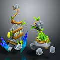 Wooden And Stone Decorative Sculptures With Vines Green Plants And Blue Crystals