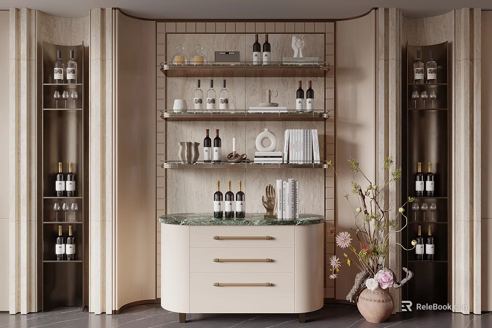 Elegant Modern Wine Cabinet With Shelves Wine Bottles Glassware And Decorative Items 3d model 