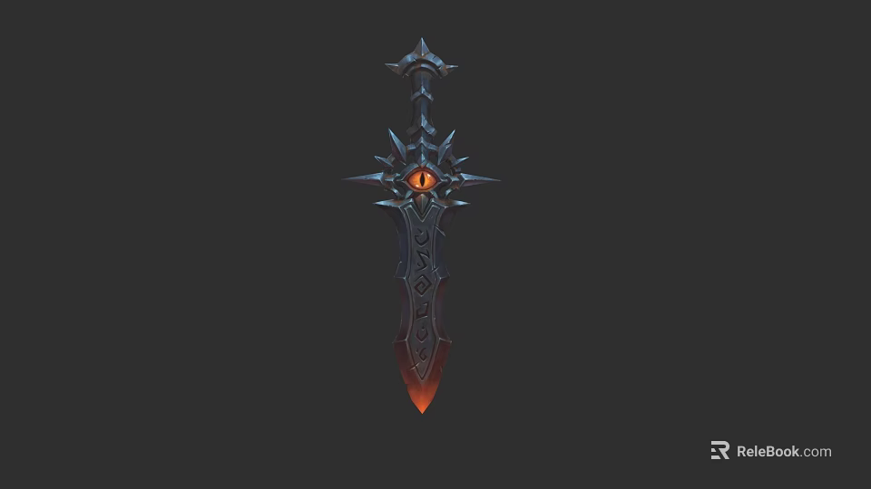 Ornate Spiked Hilt Sword With Red Gem And Fiery Dark Blade Design 3d model 