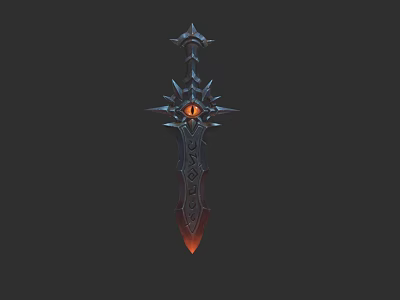 Ornate Spiked Hilt Sword With Red Gem And Fiery Dark Blade Design 3d model