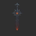 Ornate Spiked Hilt Sword With Red Gem And Fiery Dark Blade Design