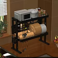 Practical Kitchen Shelf With Microwave Rice Cooker Spice Jars Plates And Spatulas