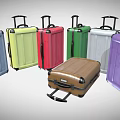 Multiple Colored Suitcases Arranged in Various Hues with Brown in Front