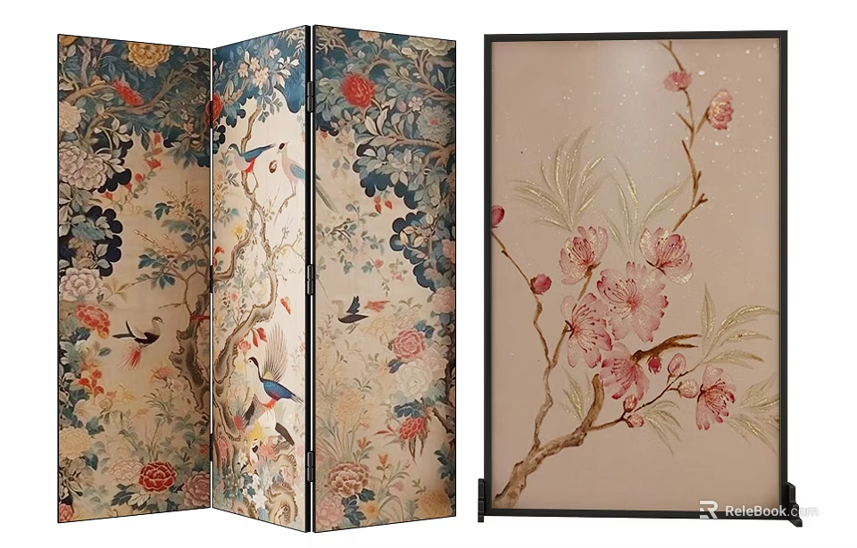 Traditional Chinese Folding Screen With Embroidered Floral And Bird Patterns Elegant Design For Home Decor 3d model 