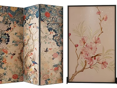 Traditional Chinese Folding Screen With Embroidered Floral And Bird Patterns Elegant Design For Home Decor 3d model