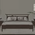 Minimalist Walnut Double Bed With Nightstands Table Lamp Green Plant And Pillows