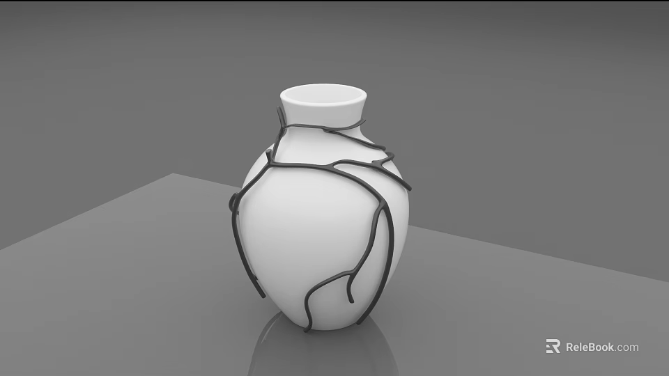 White Vase With Black Vine Decorative Design On Smooth Grey Surface 3d model 