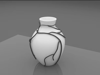 White Vase With Black Vine Decorative Design On Smooth Grey Surface 3d model