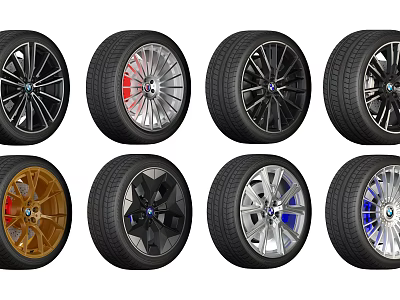 Various Stylish Car Tires With Alloy Rims In Different Colors And Designs 3d model