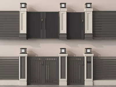 Sleek Modern Garden Walls Design With Metal Gates Stone Columns And Lamps 3d model