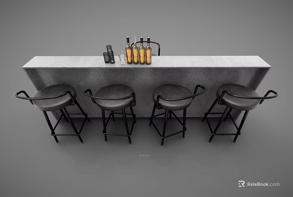 Modern Bar Counter Interior With Stylish Bar Stools And Drink Bottles 3d model 