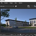Modern Office Building Exterior With Stone Facade Parking Area And Green Landscaping