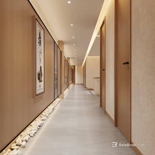 Chinese Style Corridor With Wooden Walls Art Paintings And Pebbles 3d model 