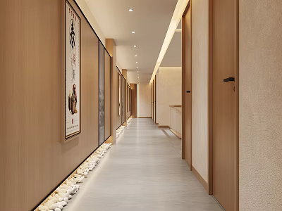 Chinese Style Corridor With Wooden Walls Art Paintings And Pebbles 3d model