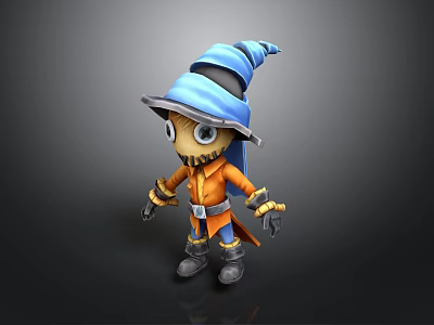 3D Fantasy Wizard Character With Blue Striped Hat Orange Coat And Mechanical Arms 3d model