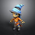 3D Fantasy Wizard Character With Blue Striped Hat Orange Coat And Mechanical Arms