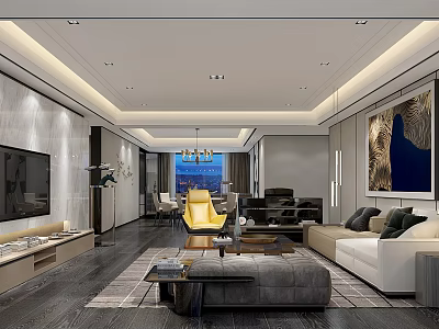 Modern Living Room Interior With Yellow Armchair White Sofa Gray Ottoman Chandelier And Decorative Painting 3d model