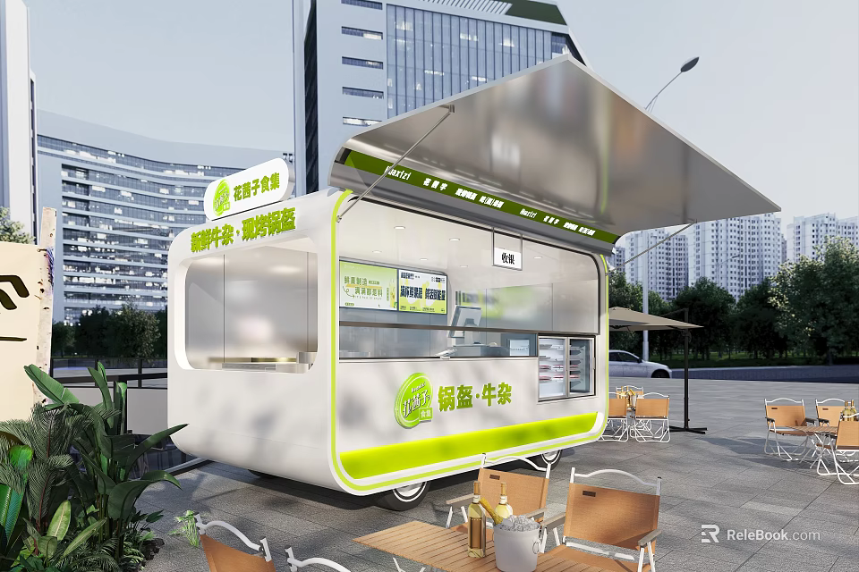 Modern Mobile Street Food Restaurant With Comfortable Outdoor Dining Seats Located In City Public Plaza 3d model 
