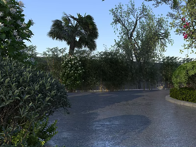 Paved Road Facilities With Wet Surface Surrounded By Trees Bushes And Greenery 3d model
