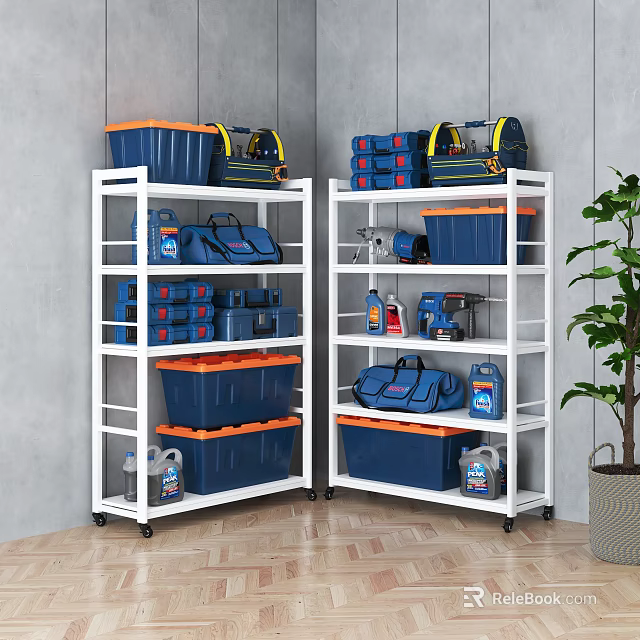 Multi Tiered Storage Racks With Wheels Blue Bins Orange Lids Tool Bags And Cleaning Supplies 3d model