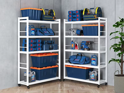 Multi Tiered Storage Racks With Wheels Blue Bins Orange Lids Tool Bags And Cleaning Supplies 3d model